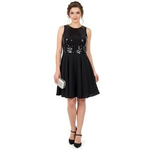 LAUNDRY by SHELLI SEGAL Black Sequin Fit & Flare Mini Dress Open Back Size 8